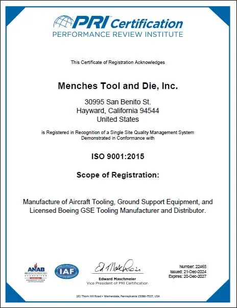 Menches Tool and Die, Inc. ISO 9001:2015 Certification